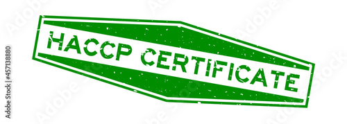 Grunge green HACCP (Hazard Analysis and Critical Control Point) certified word hexagon rubber seal stamp on white background