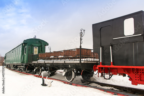 Nizhny Novgorod, Russia. March 10, 2019. Museum of old steam locomotives in the open air. The old railway.