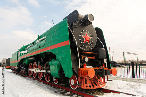 Nizhny Novgorod, Russia. March 10, 2019. Museum of old steam locomotives in the open air. The old railway.