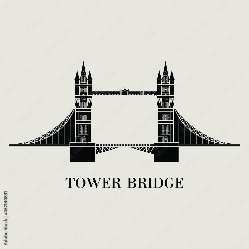 Obraz premium Silhouette flat vector illustration of a historic building in London, Simple outline icon design cartoon landmark for vacation travel trip tourist attractions. Tower Bridge or London Bridge, England
