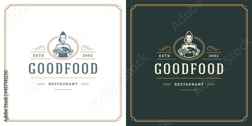 Restaurant logo design vector illustration waitress holding dish plate silhouette