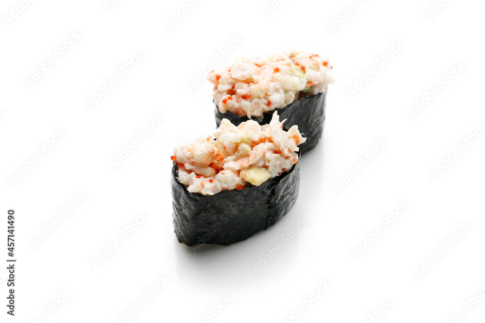 Gunkan sushi with shrimps, isolated on white background. 2 piece gunkan-maki set with chopped prawns, rolled in nori sheet. Packshot photo for sushi restaurant menu, for package design. Gunkan sushi with shrimps, isolated on white background. 2 piece gunkan-maki set with chopped prawns, rolled in nori sheet. Packshot photo for sushi restaurant menu, for package design.