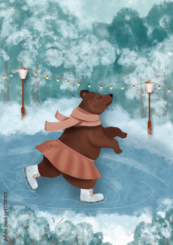 Winter. A brown bear in a pink scarf and a skirt is skating. Fanari. Garlands. Trees. Snow. Skates photo