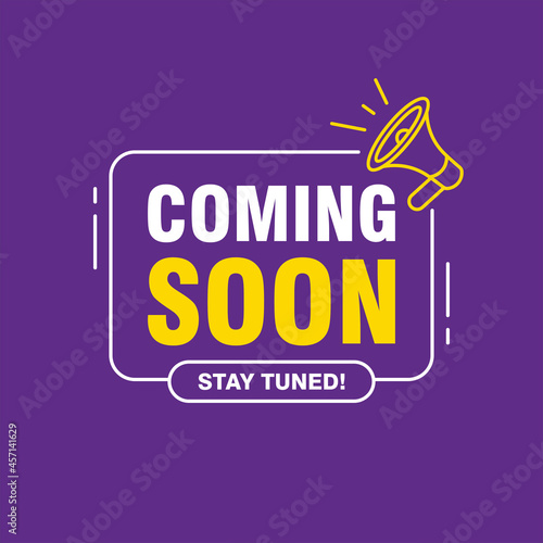 simple coming soon text design, coming soon sign with megaphone and outlined style vector photo