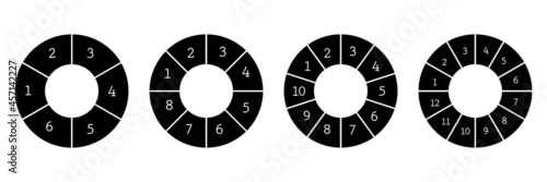 Collection of infographic templates for business concept with 6, 8, 10, 12 parts vector illustration. Template for cycling diagram, graph, chart or presentation black silhouette.