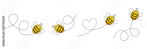 Cute happy bee icon set. Bee flying on a dotted route. Vector illustration isolated on white background. 