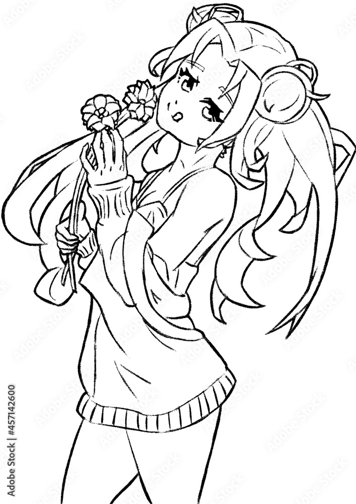 A slender cute girl in the style of manga and anime with long hair in a sweater holds flowers in her arms with her tongue hanging out linear artwork 2d illustration