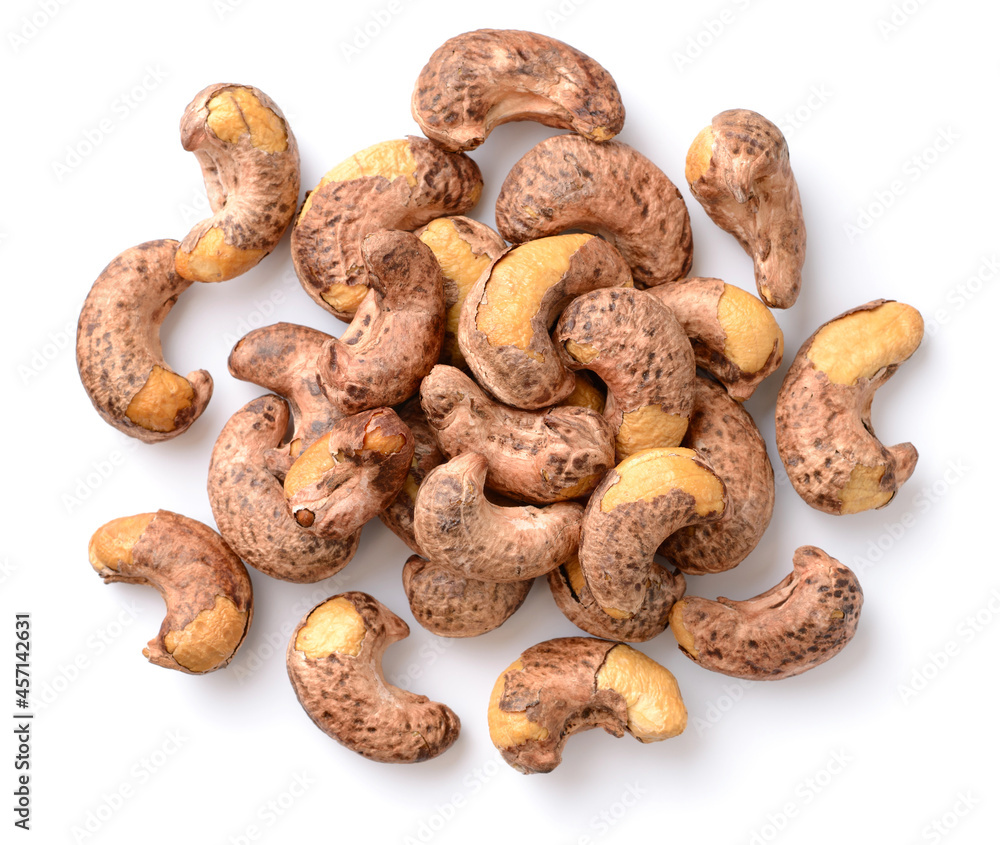 roasted cashew nuts with peel isolated on the white background, top view roasted cashew nuts with peel isolated on the white background, top view