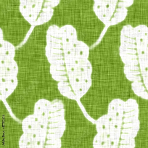 Hand drawn leaf motif linen texture. Whimsical garden seamless pattern. Modern spring doodle foliage nature textile for home decor. Botanical scandi style rustic green all over print.