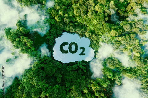 Concept depicting the issue of carbon dioxide emissions and its impact on nature in the form of a pond in the shape of a co2 symbol located in a lush forest. 3d rendering. photo
