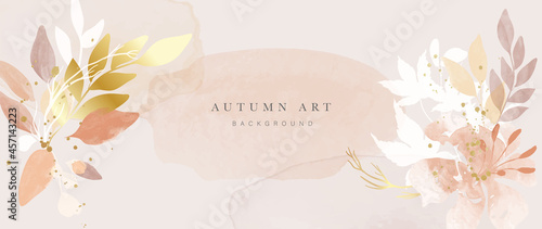 Autumn background design with watercolor brush texture, Flower and botanical leaves watercolor hand drawing. Abstract art wallpaper design for wall arts, wedding and VIP invite card. Vector EPS10