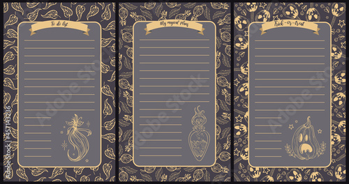 Vintage vector illustrations for Halloween. Witchcraft, magic. Potion, bunch of hair, Pumpkins, jack-o-lantern caramel apples. Important dates. For note paper, to do list, sticker, template design