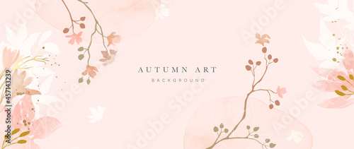 Autumn background design  with watercolor brush texture, Flower and botanical leaves watercolor hand drawing. Abstract art wallpaper design for wall arts, wedding and VIP invite card.  Vector EPS10
