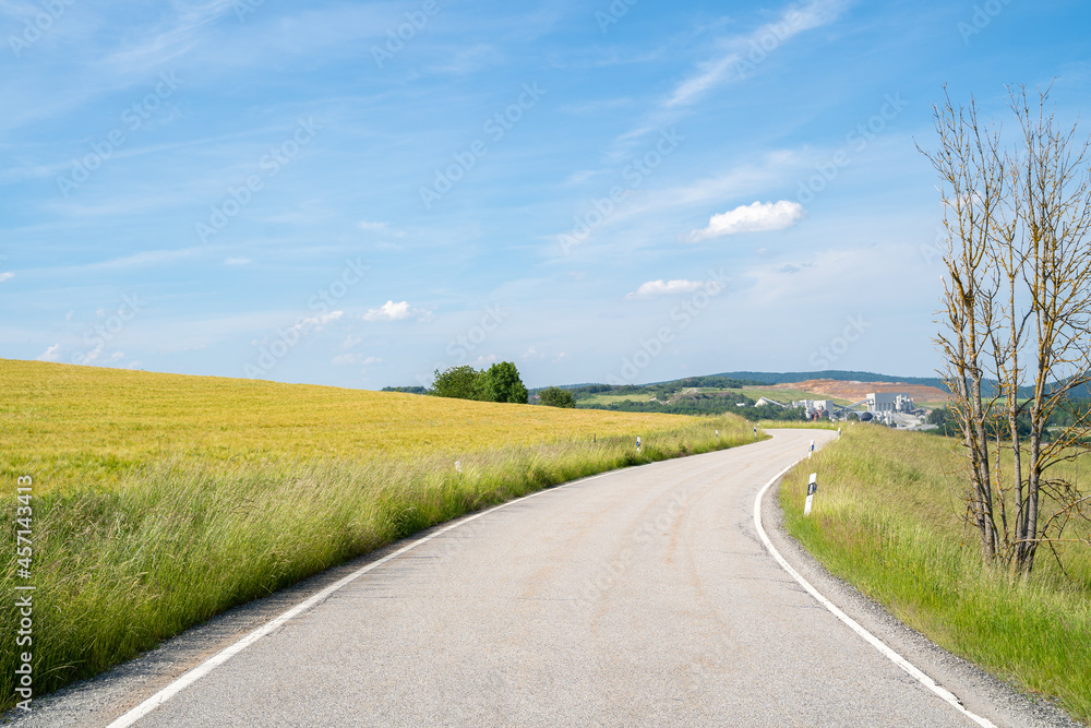 Road in a beautiful landscape between grain and grass fields with blue sky in summer