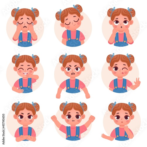 Cute child girl avatar facial emotions and feelings. Little kid face emoji with angry, sad, happy, shock and question expression vector set
