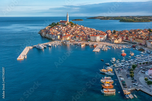 Aerial view to Rovinj old town, popular travel destiation in Istria, Croatia. photo