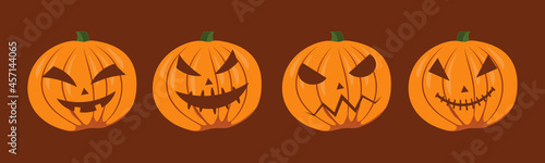 Halloween set of isolated pumpkins. Vector illustration. Orange pumpkin with smile for your design for the holiday Halloween. Vector