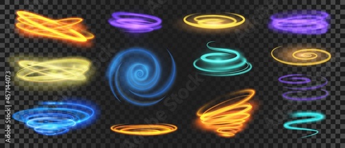 Glowing light spirals, circles, swirls and speed motion effect. Realistic shiny neon trail curves. Magic energy rings and waves vector set