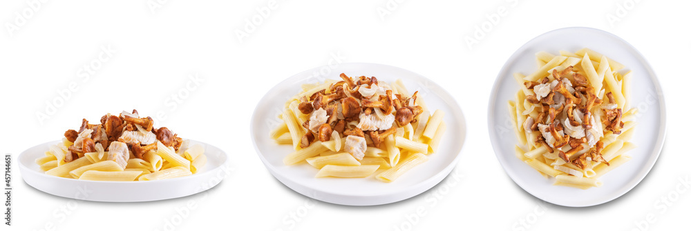 Chanterelle onion fried creamy pasta on a white isolated background Chanterelle onion fried creamy pasta on a white isolated background