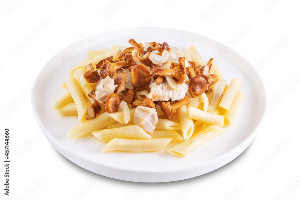 Chanterelle onion fried creamy pasta on a white isolated background