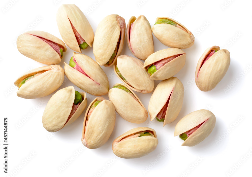 pistachios with shell isolated on white background, top view pistachios with shell isolated on white background, top view