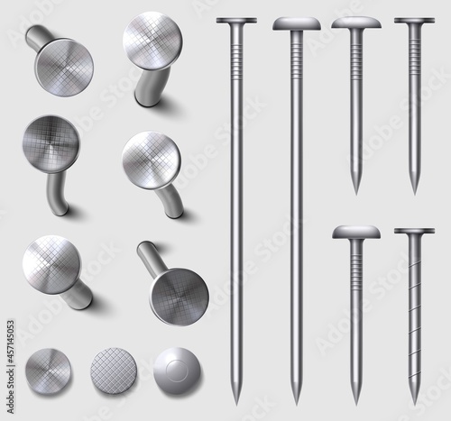 Realistic 3d straight and bent metal nails in wall. Hammered steel and iron curved nail pins and heads top view. Metallic hardware vector set