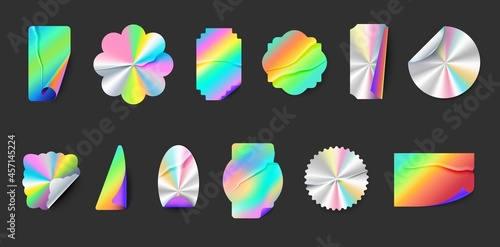 Wrinkled hologram label stickers with folds and peel edges. Square, round and star holographic metal seal. Neon shiny foil emblem vector set