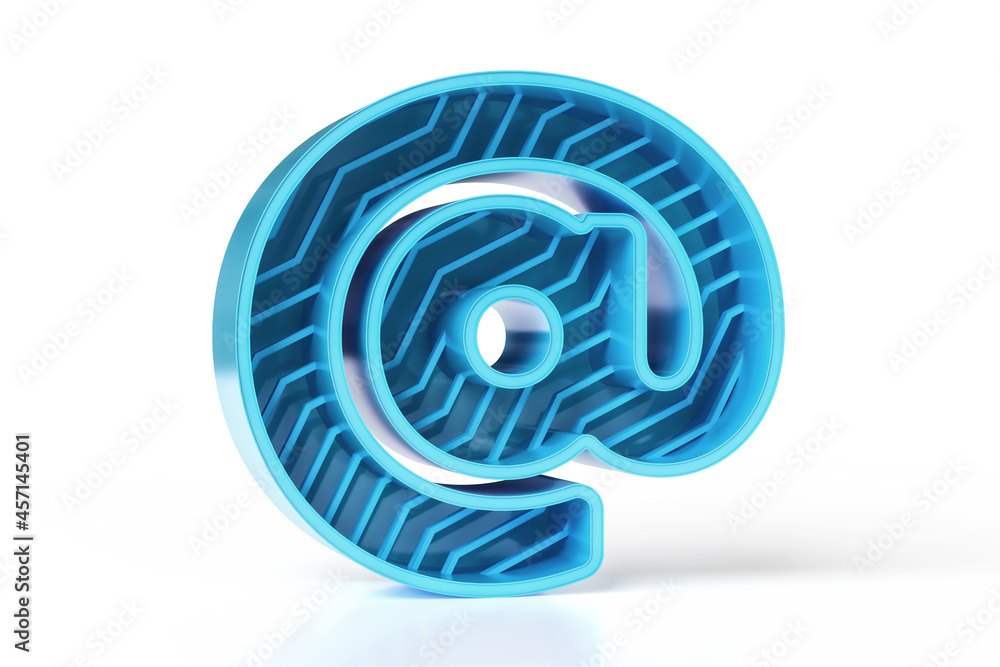 Obraz premium 3D glossy blue metallic At symbol icon with zigzag decorative grid. Technology and scientist style typography collection. High resolution 3D rendering.