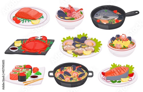 Cartoon seafood dishes with fish, octopus, shrimps and salmon steak. Sushi, crab, salad, soup and noodles with sea food on plate, vector set