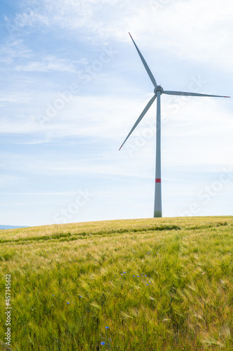View of wind turbine in the grain field with nice blue sky and copy space on the left side