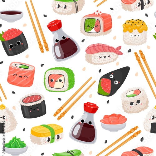 Cartoon kawaii sushi emoji character seamless pattern. Cute japanese food, rice roll with salmon, onigiri, soy sauce. Sashimi vector texture