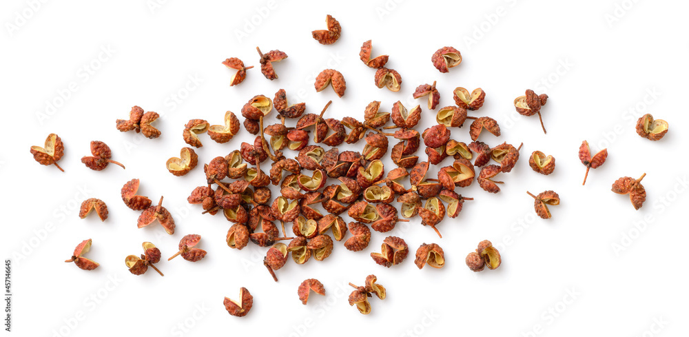 dried Sichuan peppercorns isolated on the white background, top view - obrazy, fototapety, plakaty 