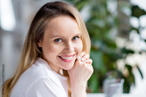 Wallpaper Mural Photo portrait woman blonde hair wearing white clothes smiling cheerful staying at home Torontodigital.ca