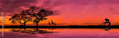 Amazing safari.Panorama silhouette tree in africa with sunset.Dark tree on open field dramatic sunrise.Safari theme.Giraffes , Lion , Rhino.with blur shadow. © Mohwet