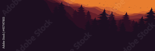 sunset at mountain forest landscape with bird silhouetter flat design vector illustration for wallpaper, background, backdrop design, template design and tourism design template