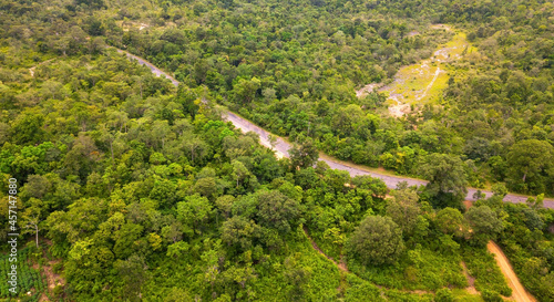 Aerial view of curve green forest road at South East Asia, Aerial view of a provincial asphalt street road adventure passing through a forest ,Thailand,ASIA.