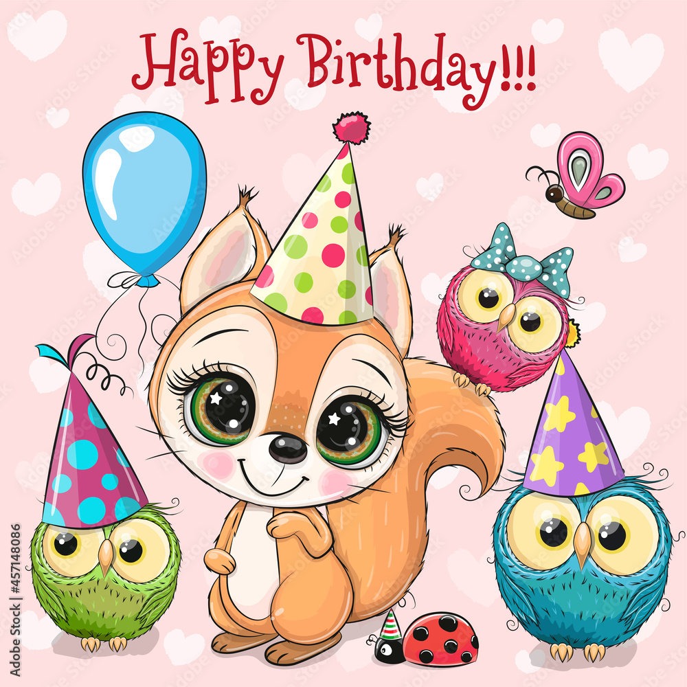 Naklejka Cute Squirrel and owls with balloon and bonnets