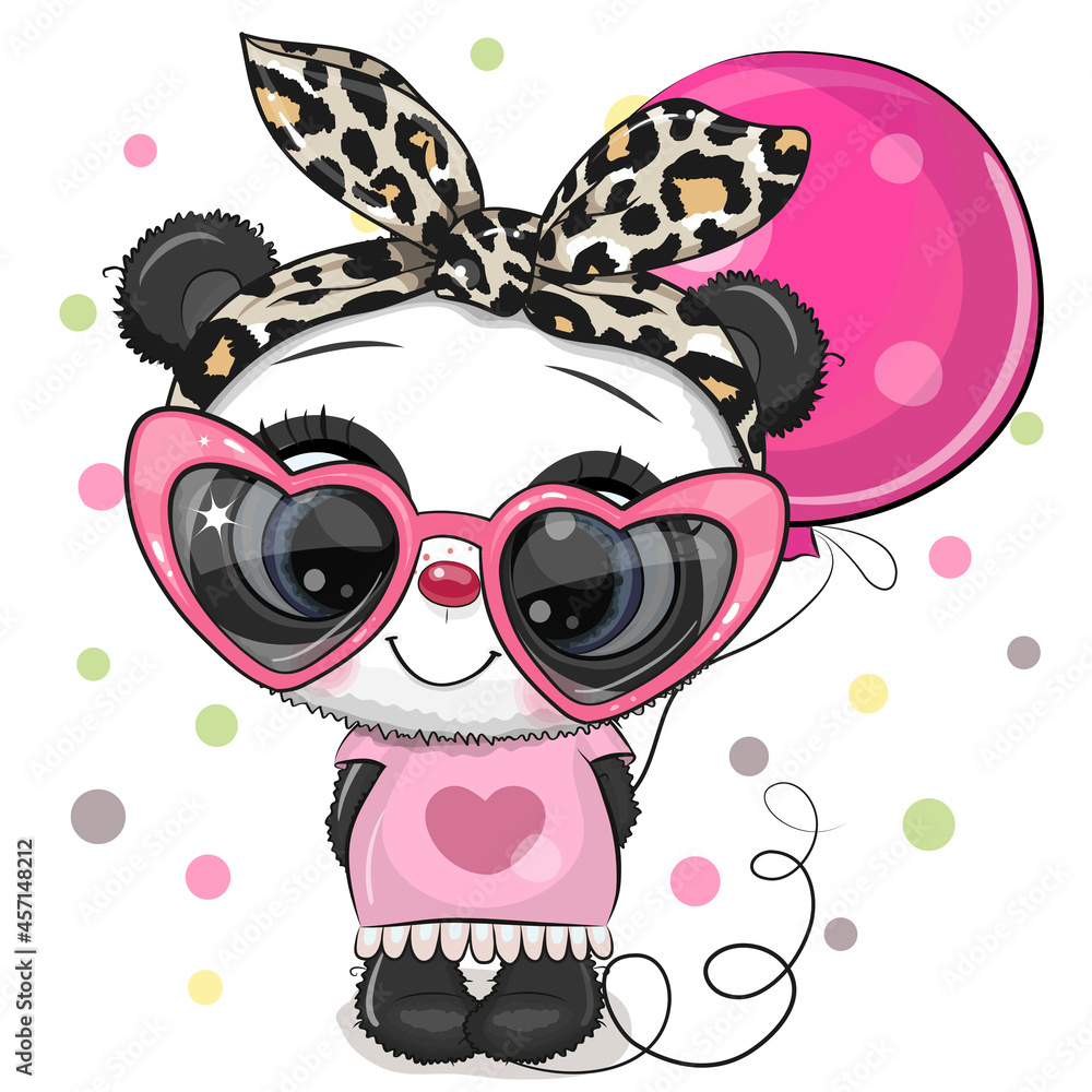 Cute Cartoon Panda in a pink glasses with balloon