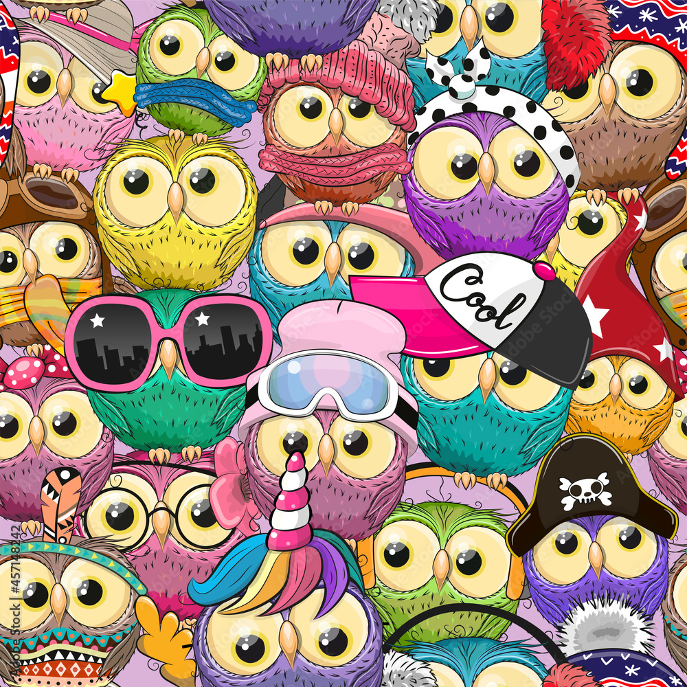 Obraz premium Seamless Pattern with cute cartoon owls