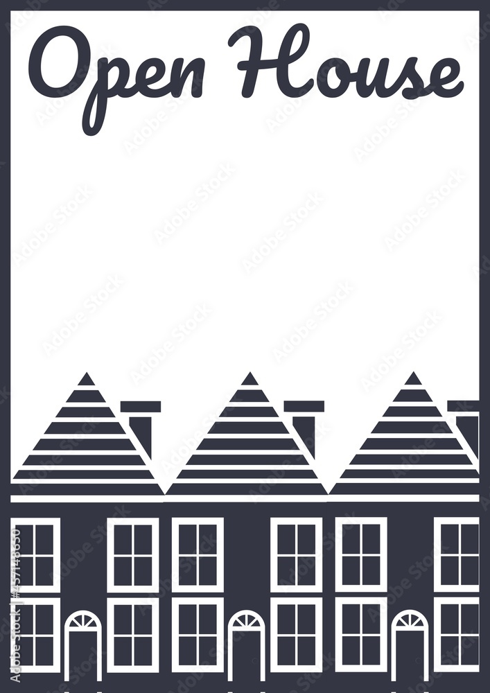 Digitally generated image of open house text over multiple house icons against white background
