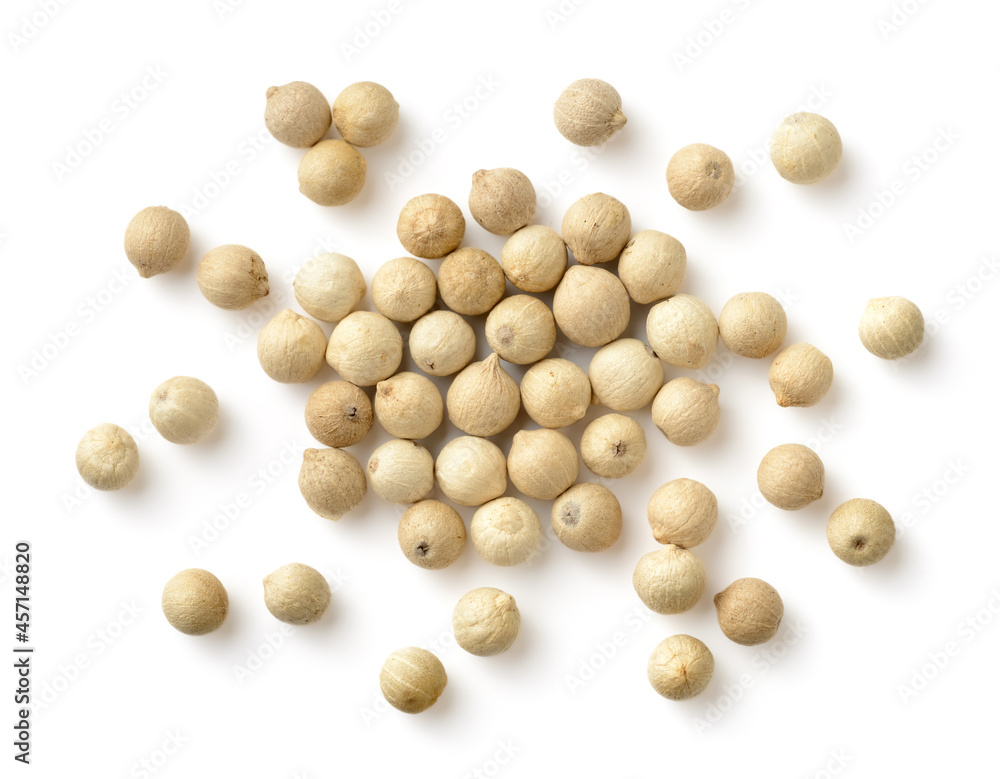 white peppercorns isolated on the white background, top view white peppercorns isolated on the white background, top view