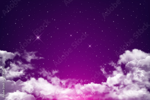 Realistic magical night sky with stars and white clouds. Vector background of night purple sky.