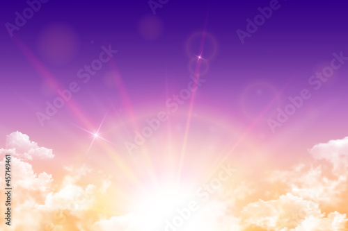 Realistic magic bright orange desert sky with sun, sunbeam and white clouds. Vector background of daytime sunny sky.