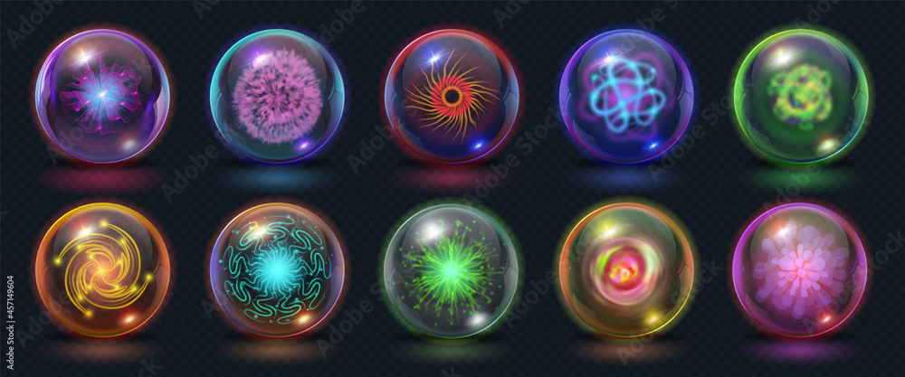 Realistic magic energy balls with fire, lights and lightning effects. Glowing power orb with plazma burst. Fantasy crystal sphere vector set - obrazy, fototapety, plakaty 