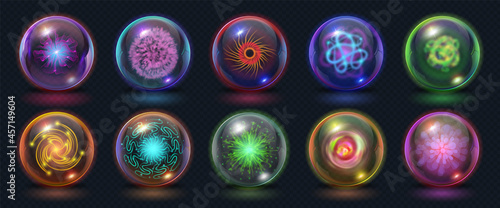 Realistic magic energy balls with fire, lights and lightning effects. Glowing power orb with plazma burst. Fantasy crystal sphere vector set photo