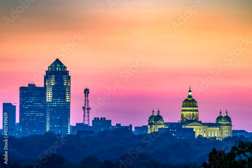 Close-up of the Des Moines skyline and State Capitol Building at sunset. photo