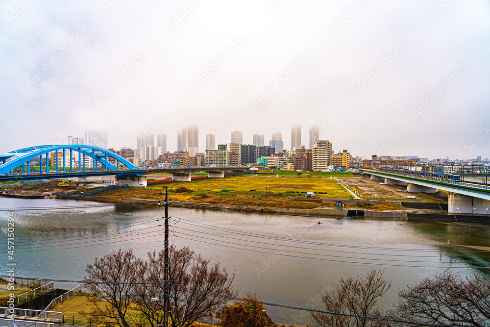 Fototapeta premium 多摩川浅間神社から見る多摩川と多摩川大橋