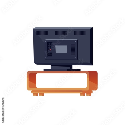 Vector flat cartoon TV on stand,back view isolated on empty background-home appliances,modern digital technologies and entertainment media concept,web site banner ad design