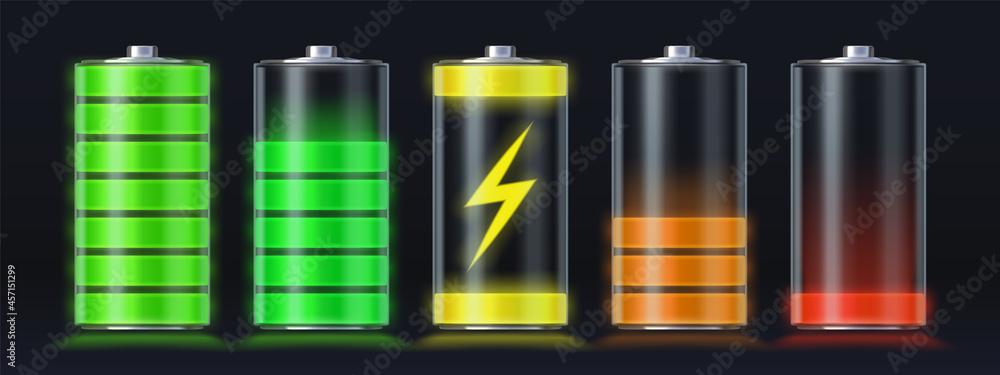 Realistic battery charging empty to full energy level. Glowing smartphone accumulator load icon with lightning. Charge indicator vector set - obrazy, fototapety, plakaty 