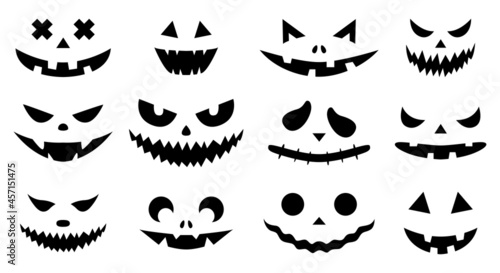 Funny physiognomies. A set of Halloween pumpkins with carved silhouettes of faces isolated on white. A template with eyes  mouths  noses for cutting out jack o lantern. Black White Vector illustration